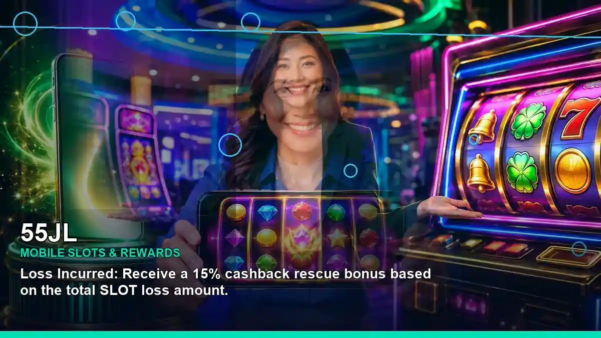 55JL mobile-friendly online slot games shown in a two-panel casino layout